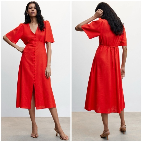 Mango Womens NWT Floral Print V-Neck Buttoned Linen-Blend Midi Dress Size 18 New - Picture 12 of 12